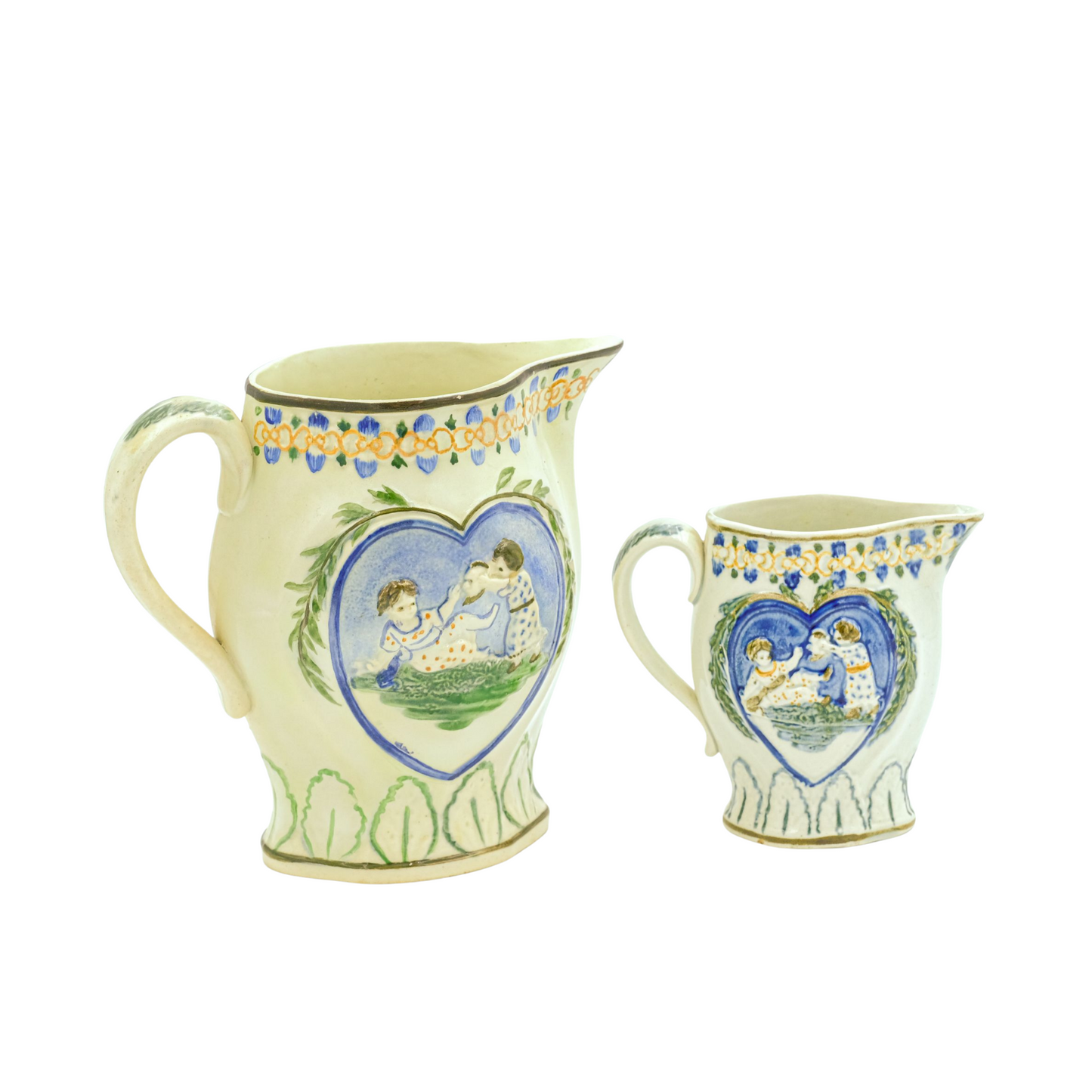 Antique English Prattware Pitcher Set, Children's Scenes, c. 1800