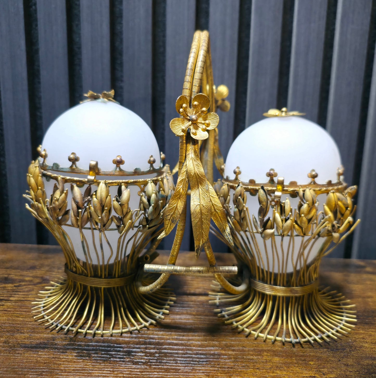 Antique French Napoleon III Opaline Glass Egg Bonbonnière Caddy, Gilt Wirework Wheat-Sheaf Basket, circa 1860–1880