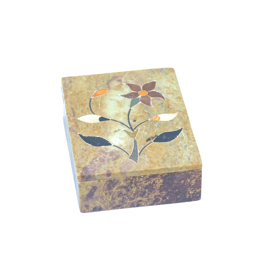 Vintage Hand Carved Stone Trinket Box with Inlay - Rectangular - Made in India