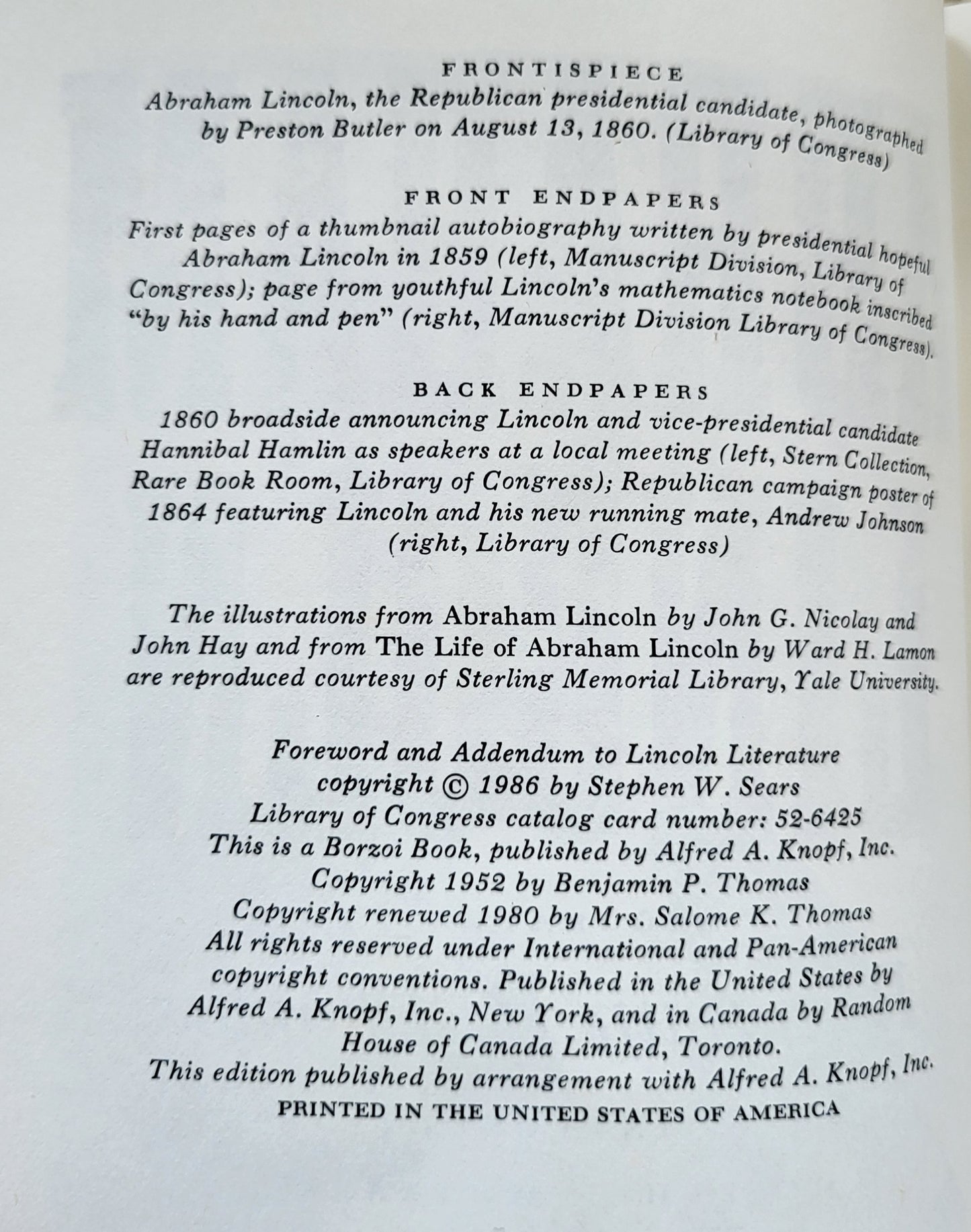 "Abraham Lincoln" a Biography by Benjamin P. Thomas - 1986