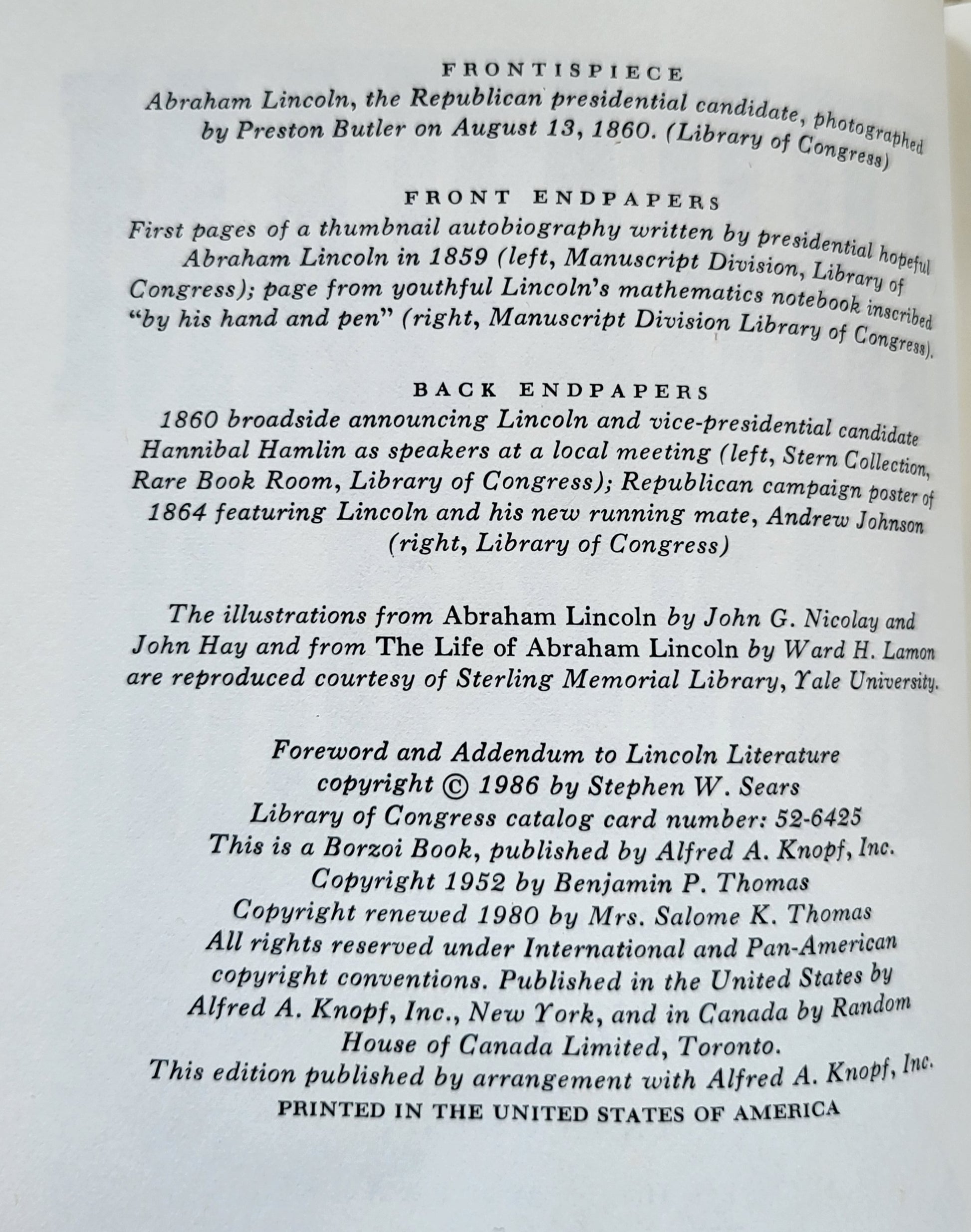 "Abraham Lincoln" a Biography by Benjamin P. Thomas - 1986