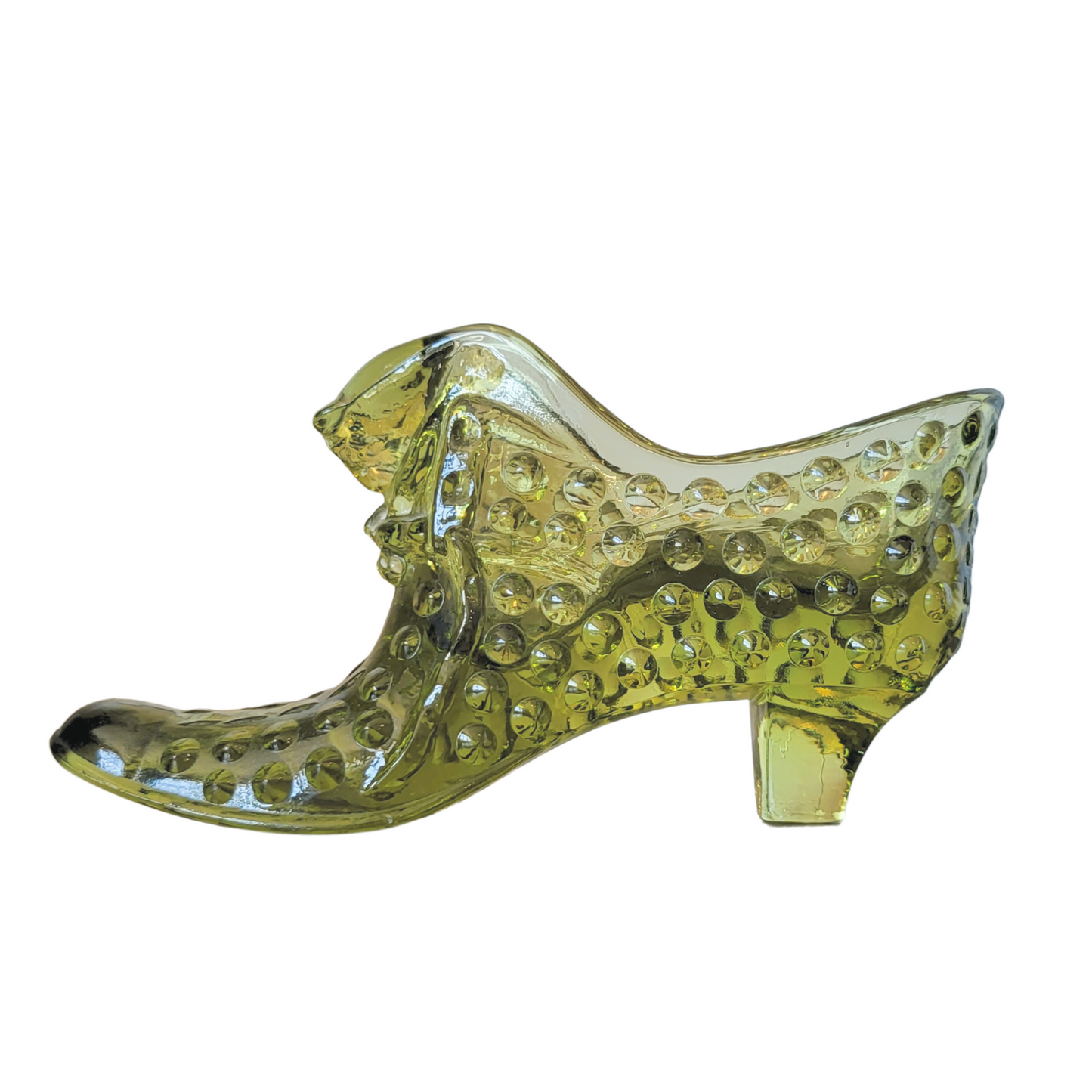 Vintage Fenton Olive Green Hobnail Glass Slipper with Cat Head Buckle