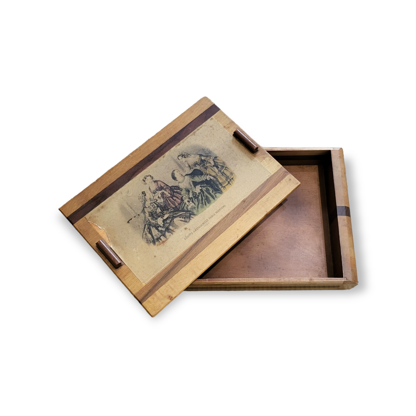 Vintage Wood Trinket/Jewelry Box with Antique Fashion Print