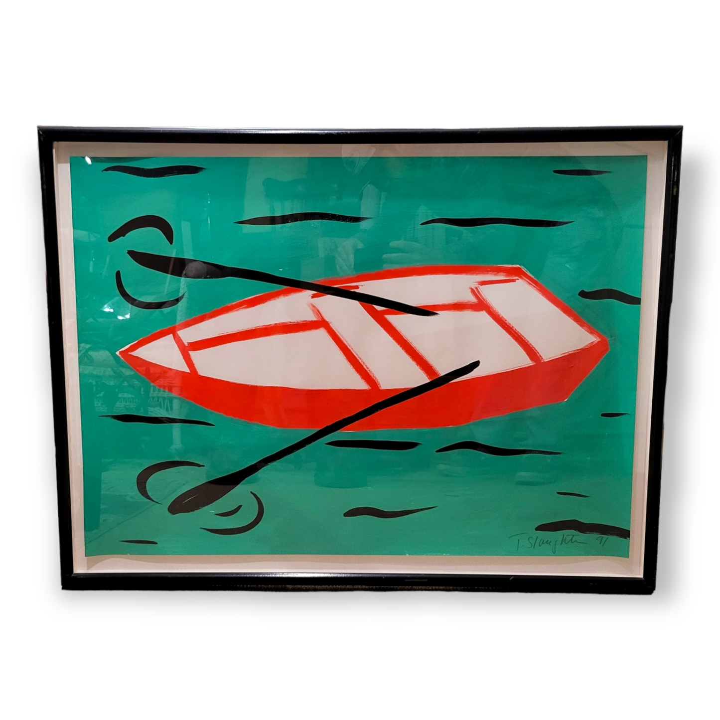 Tom Slaughter Untitled Gouache on Paper Painting of Boat with Oar's - Signed - 1991