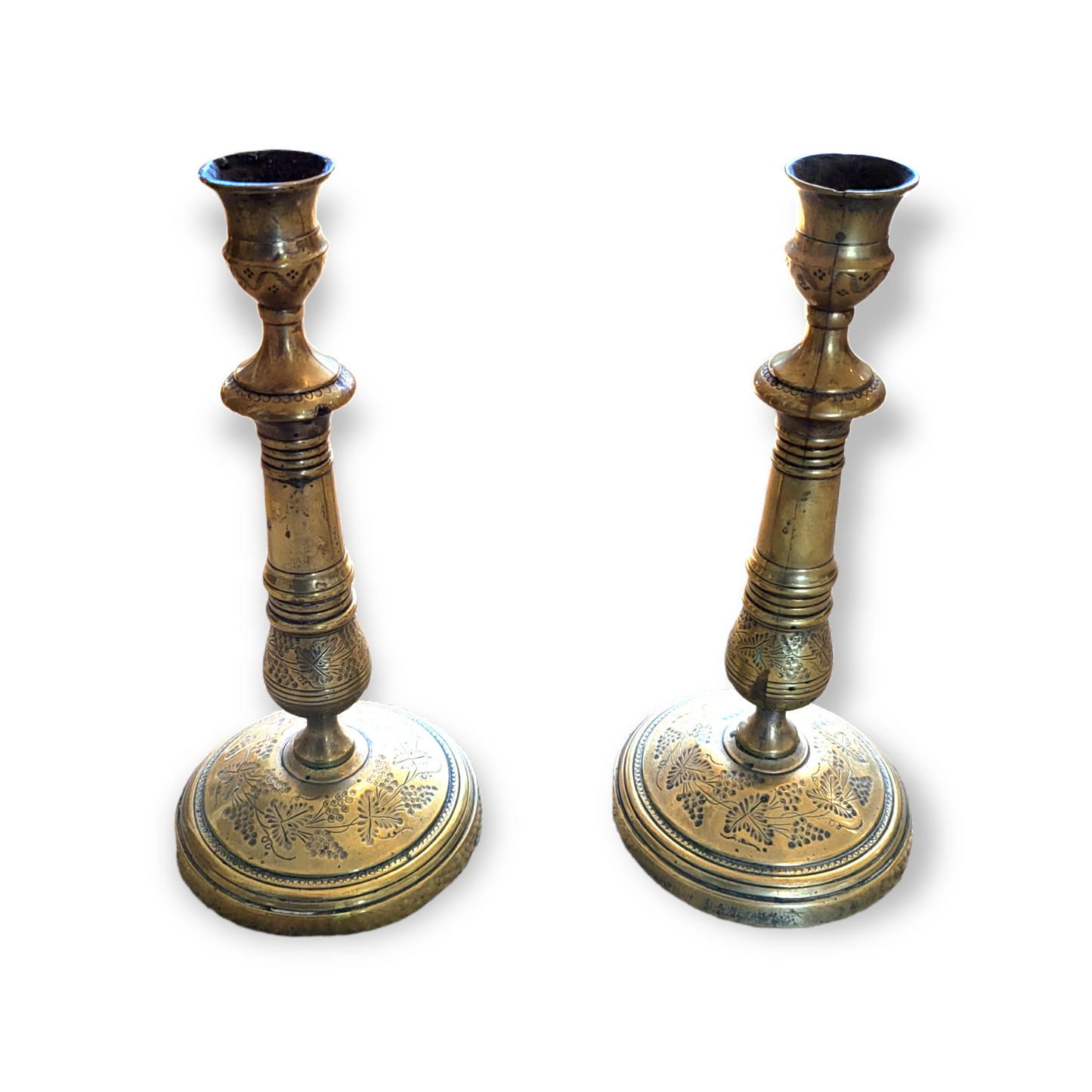 Antique Ornate Brass Candle Holders with Grape and Floral Patterns