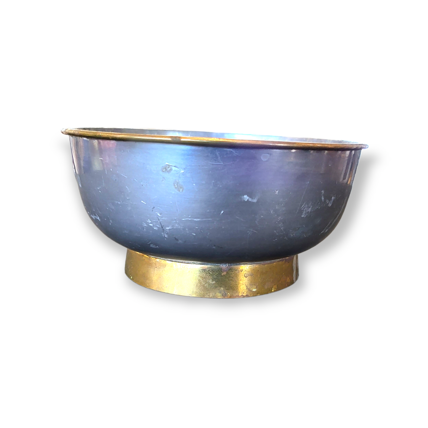 Vintage Asian Pewter Bowl with Brass Floral Design