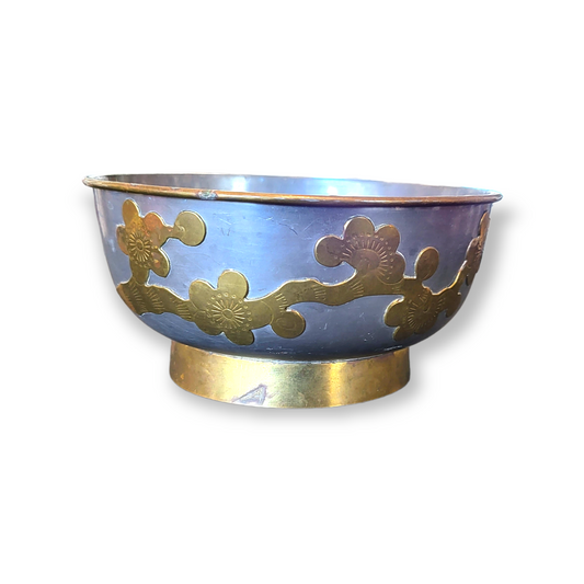 Vintage Asian Pewter Bowl with Brass Floral Design
