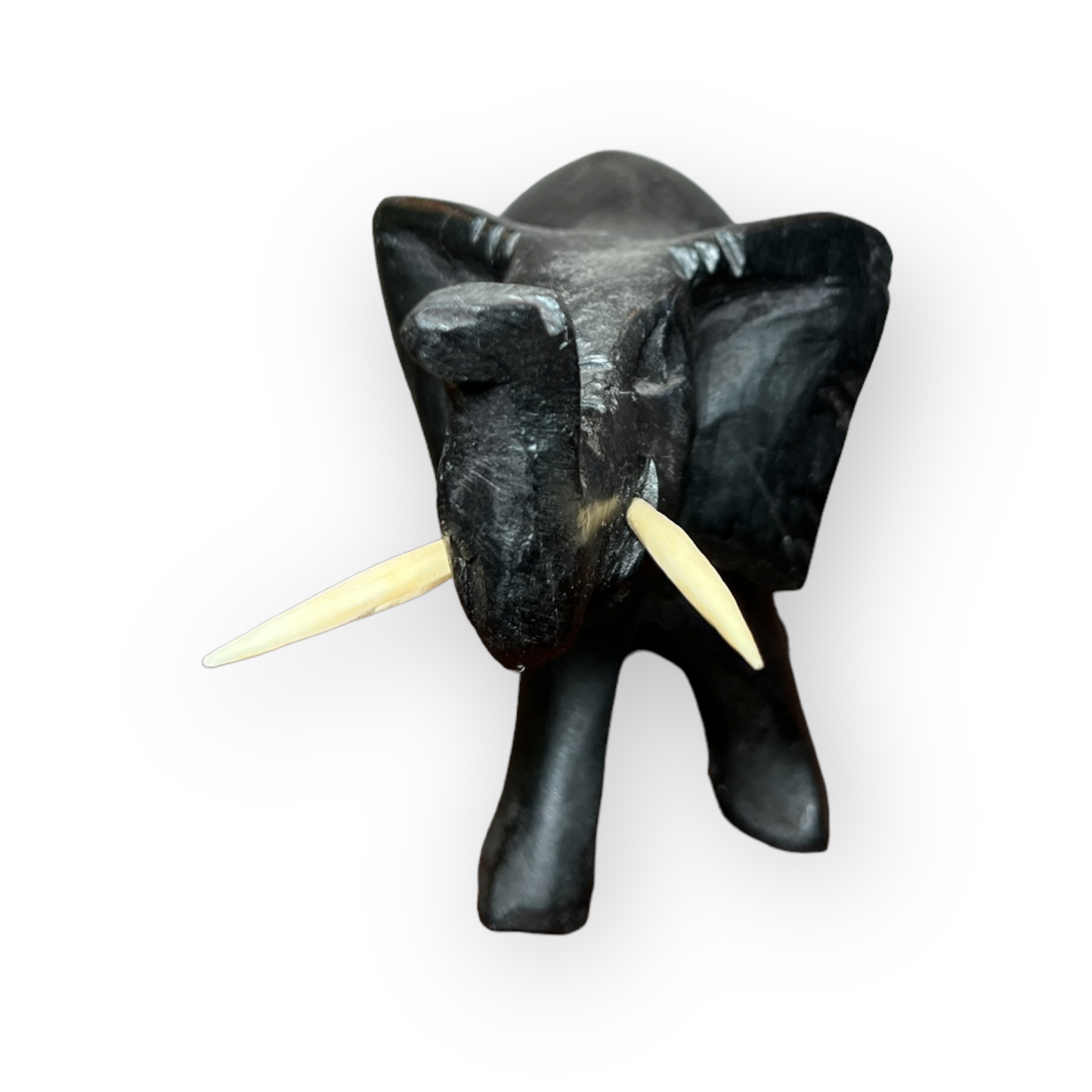 Carved Wooden Elephant with Bone Tusks