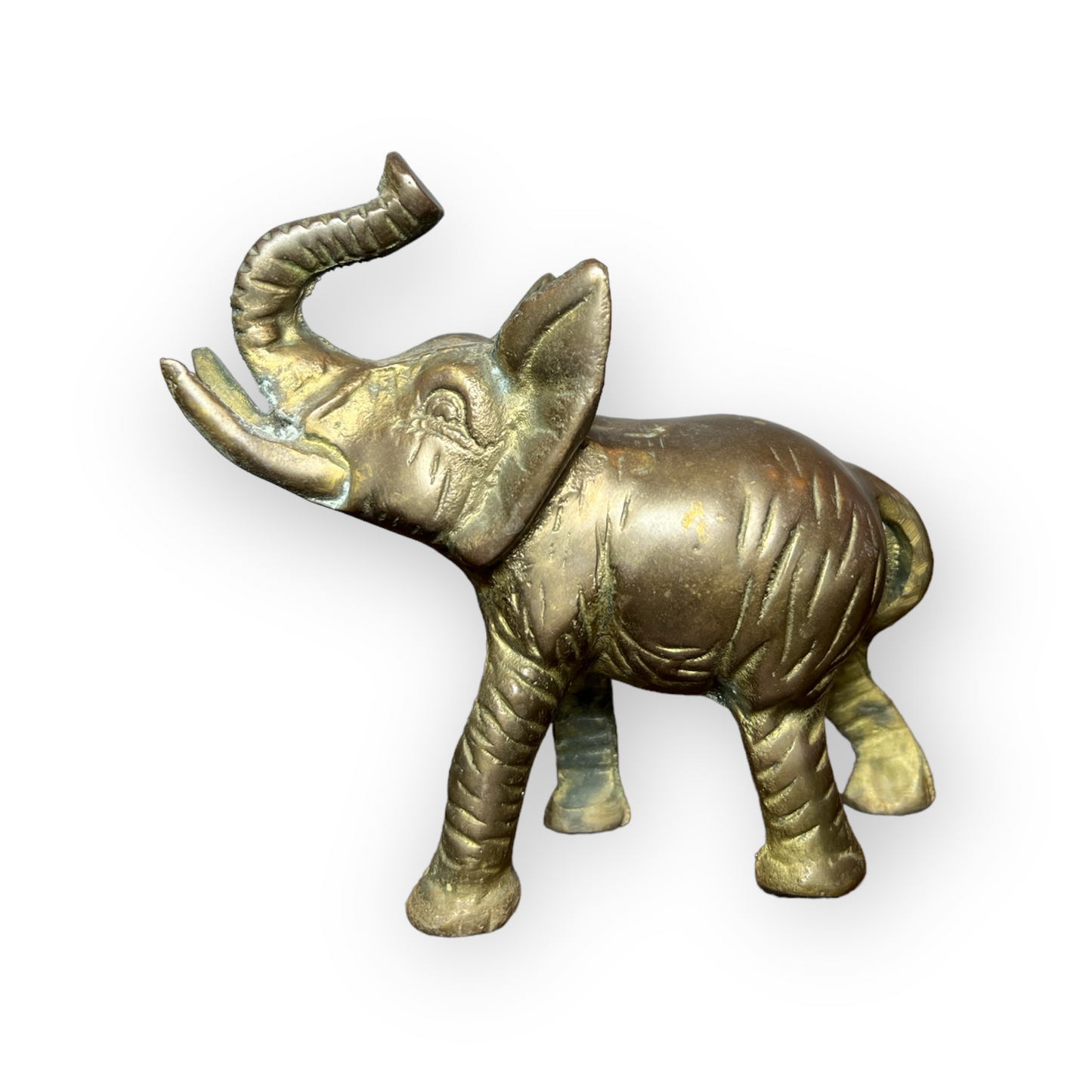 Vintage Solid Brass Elephant with Raised Trunk - 4.75 inches Tall